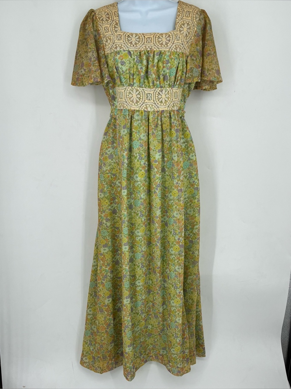 VINTAGE Handmade Maxi Boho Square Neck Gypsy 1970's Tiered Cottagecore Dress